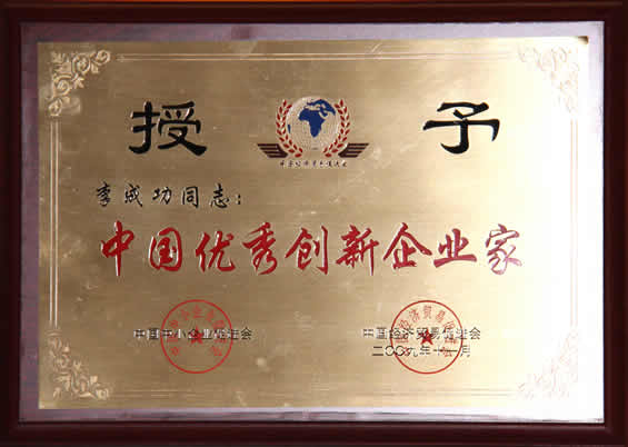 “中國(guó)優(yōu)秀創(chuàng)新企業(yè)家”榮譽(yù)證書(shū)